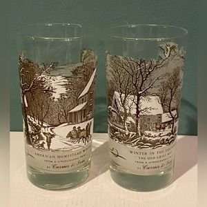 Pair Currier & Ives lithograph print Glasses Homestead Winter & Old Grist Mill